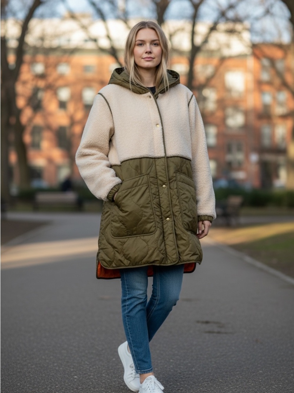 Woolrich Alba Parka Cream Sherpa & Olive Quilted Hooded Coat